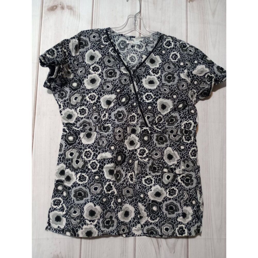 Peaches‎ Scrub Top Ladies Medium Black White Floral 2 Front Pockets